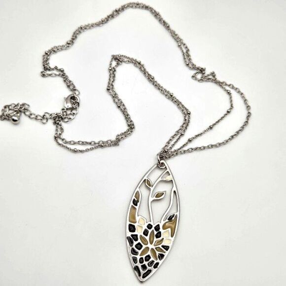 Silvertone Double Chain with Openwork Floral Pendant Resin Mosaic Style Inlay - Picture 2 of 5